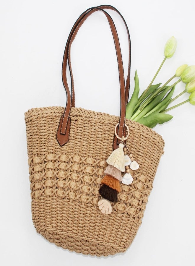 RUNROLE Handmade Tassel Charms Keychain with Wooden Hat Clip for Travel on Bag, Summer Beach Vocation Accessories for Women, Cruise Essentials 2025(Gradient Khaki) - Image 2